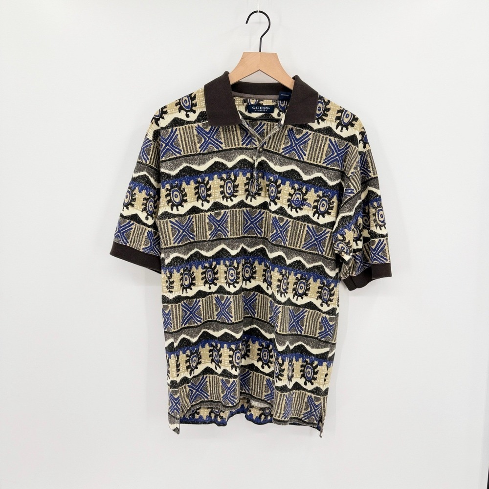 Vintage 90s Guess Classics Polo Shirt Mens L Tribal Abstract Dadcore Boho Indie